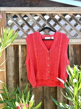 Red Cable-Knit Button Front Sweater Vest